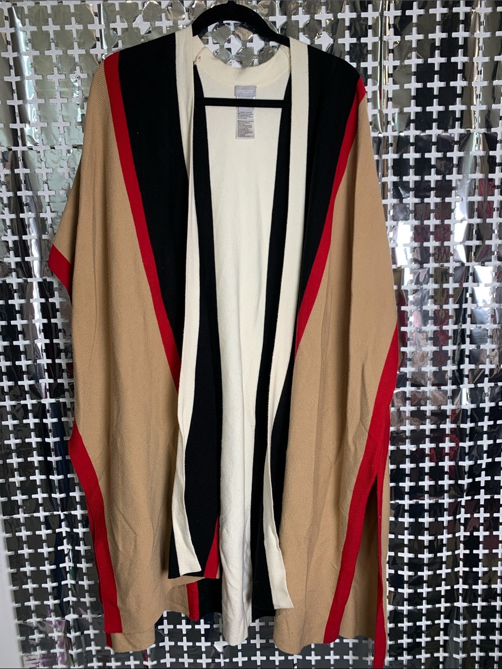 Open-Front Colorblock Shawl - Black, Cream & Tan with Red Trim